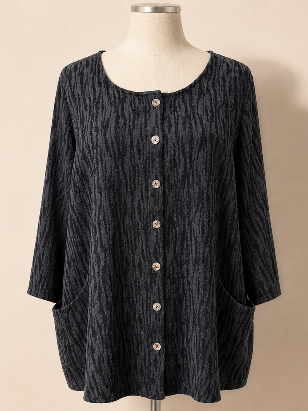 Button-Front Scoop Neck Black Patterned Women's Top #218